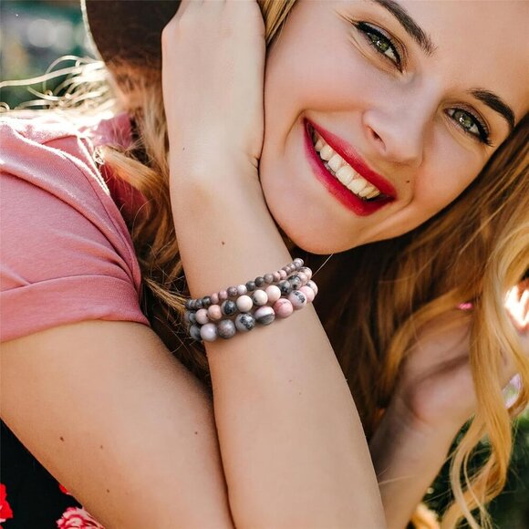 3 PCS 4,6,8mm Pink Zebra Healing Natural Stone Beaded Stretch Bracelet for Women - Picture 4 of 6